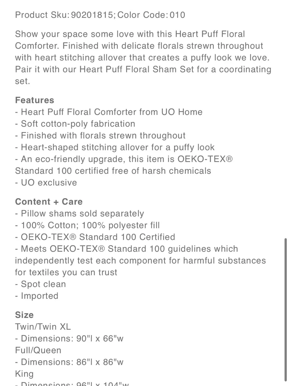 NWT Urban Outfitters Heart Puff Floral Comforter Twin XL and 2 sham set, quilted